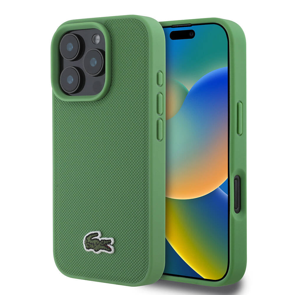 LACOSTE iPhone 16 Pro Max Orjinal Lisanslı PU Pike Desenli Arka Yüzey İkonik Timsah Dokuma Logolu Yeşil Kılıf