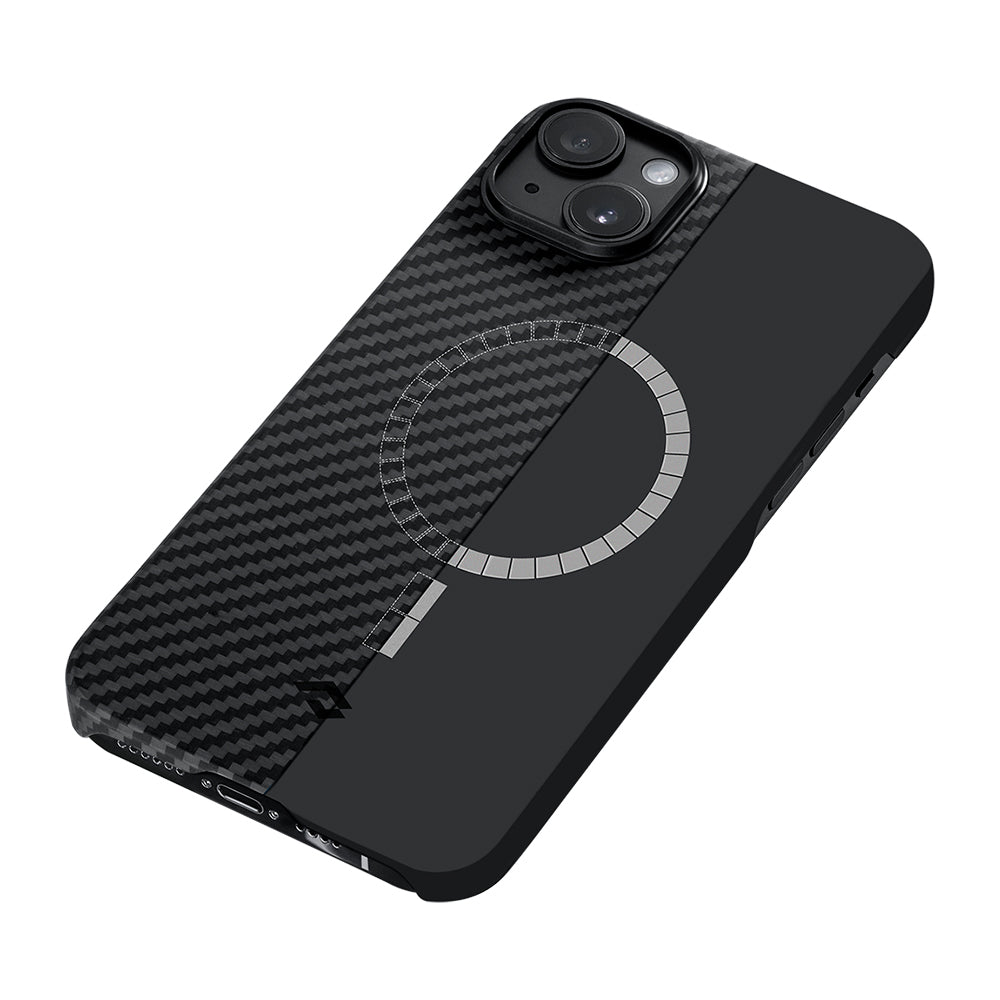 PİTAKA iPhone 15 Plus Magsafe Şarj Özellikli 1500D Aramid Fiber Ultra-Slim Classic Serisi Black-Grey Twill Kılıf