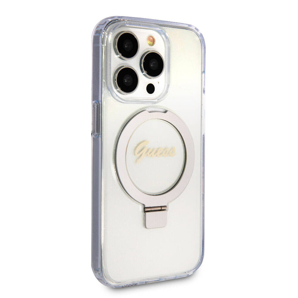 Guess Orjinal Lisanslı Magsafe Şarj Özellikli Simli Arka Yüzey Ring Standlı Şeffaf Kapak - enzaksesuar
