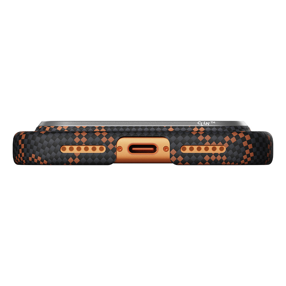 Apple iPhone 17 Pro Max Kılıf M-safe Şarj Özellikli Aramid Fiber Pitaka Tactile Woven Monogram Serisi Kapak Turuncu-Siyah