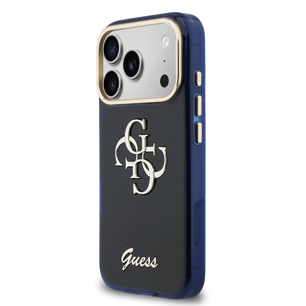 Apple iPhone 17 Pro Kılıf Guess Orjinal Lisanslı Yazı ve 4G Büyük Metal Logolu Silikon Kapak Mavi