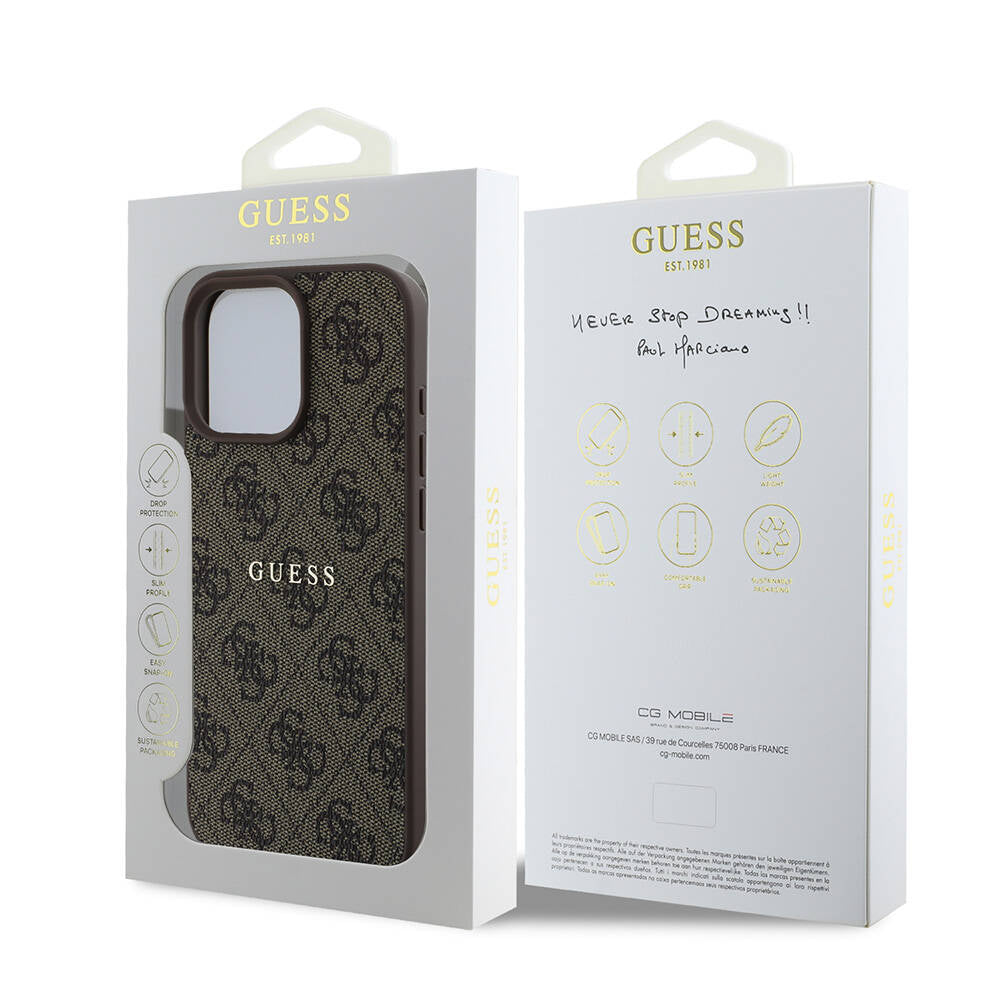 GUESS iPhone 16 Pro Orjinal Lisanslı Magsafe Şarj Özellikli 4G Desenli Yazı Logolu Kahverengi Kılıf