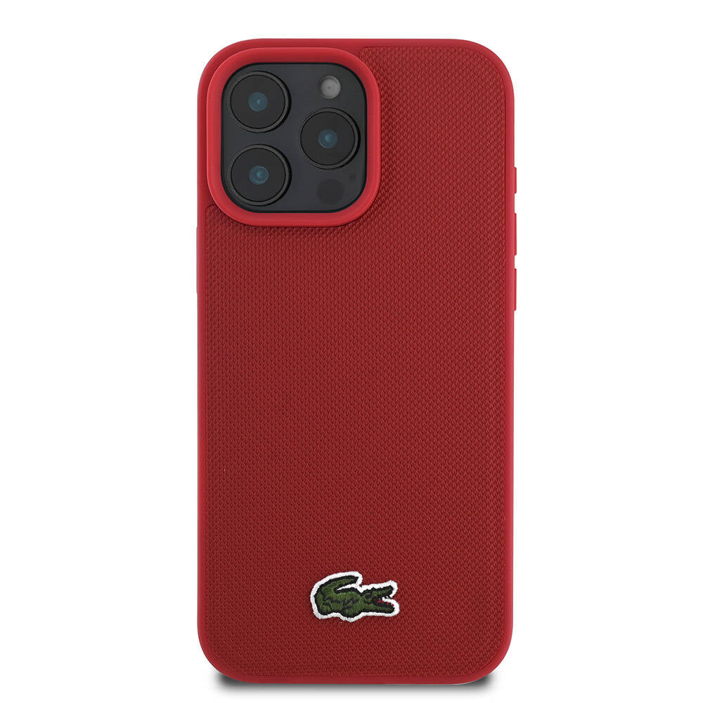 LACOSTE iPhone 16 Pro Orjinal Lisanslı PU Pike Desenli Arka Yüzey İkonik Timsah Dokuma Logolu Kırmızı Kılıf
