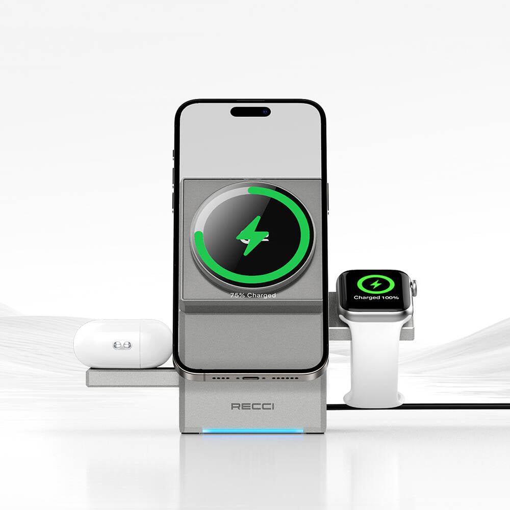 RECCİ Geometry Serisi Qi2 Şarj Teknolojili Rubik Küp Ambiyans Işıklı Telefon & Akıllı Saat & Kulaklık 15W 3in1 Kablosuz Şarj Standı