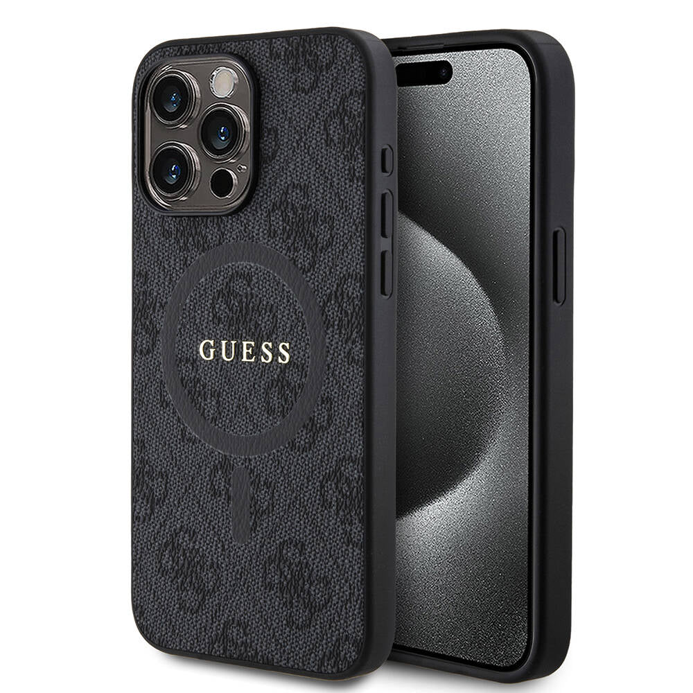 Guess Orjinal Lisanslı Magsafe Şarj Özellikli 4G Desenli Yazı Logolu Siyah Kapak - enzaksesuar