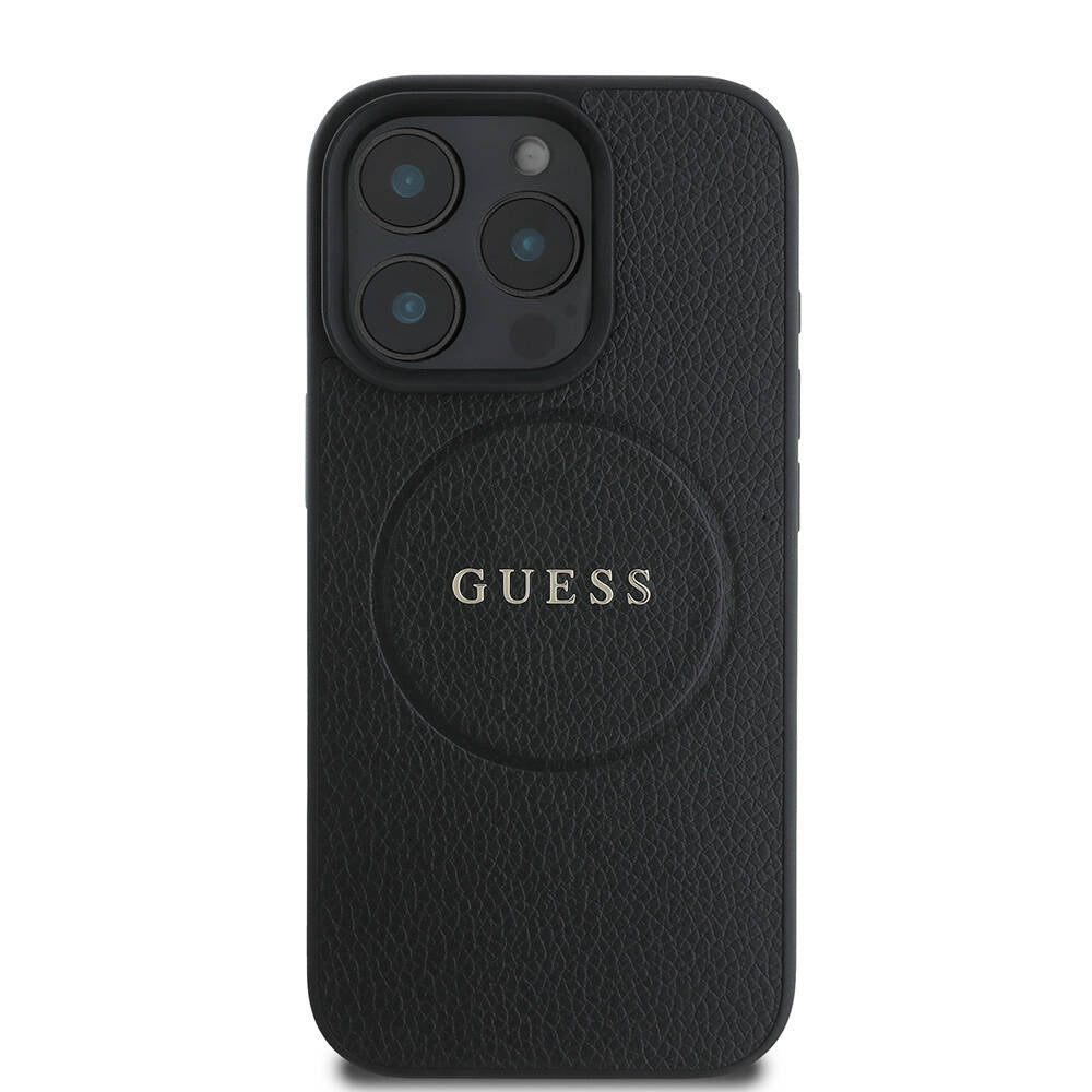 GUESS Orjinal Lisanslı iPhone 16 Pro Max Orjinal Lisanslı Magsafe Şarj Özellikli Yazı Logolu Grained Siyah Kılıf