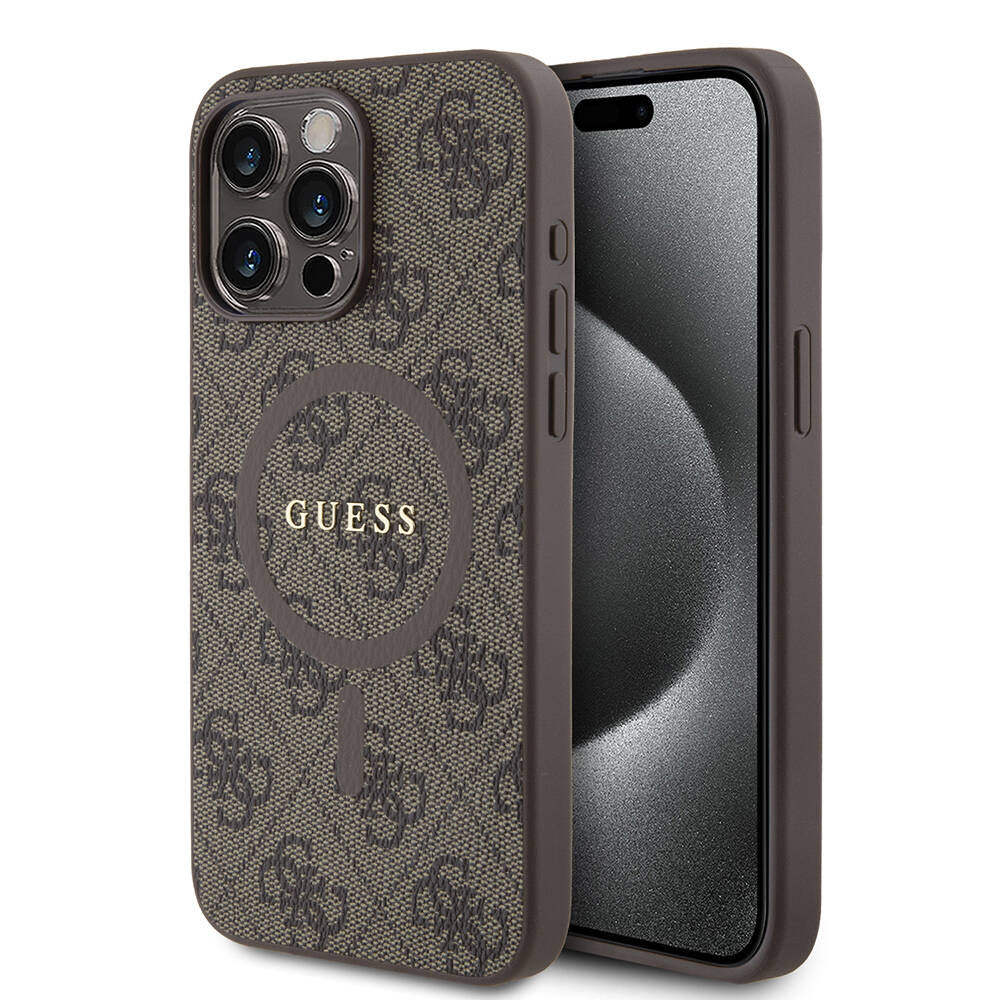 Guess Orjinal Lisanslı Magsafe Şarj Özellikli 4G Desenli Yazı Logolu Kahverengi Kapak - enzaksesuar