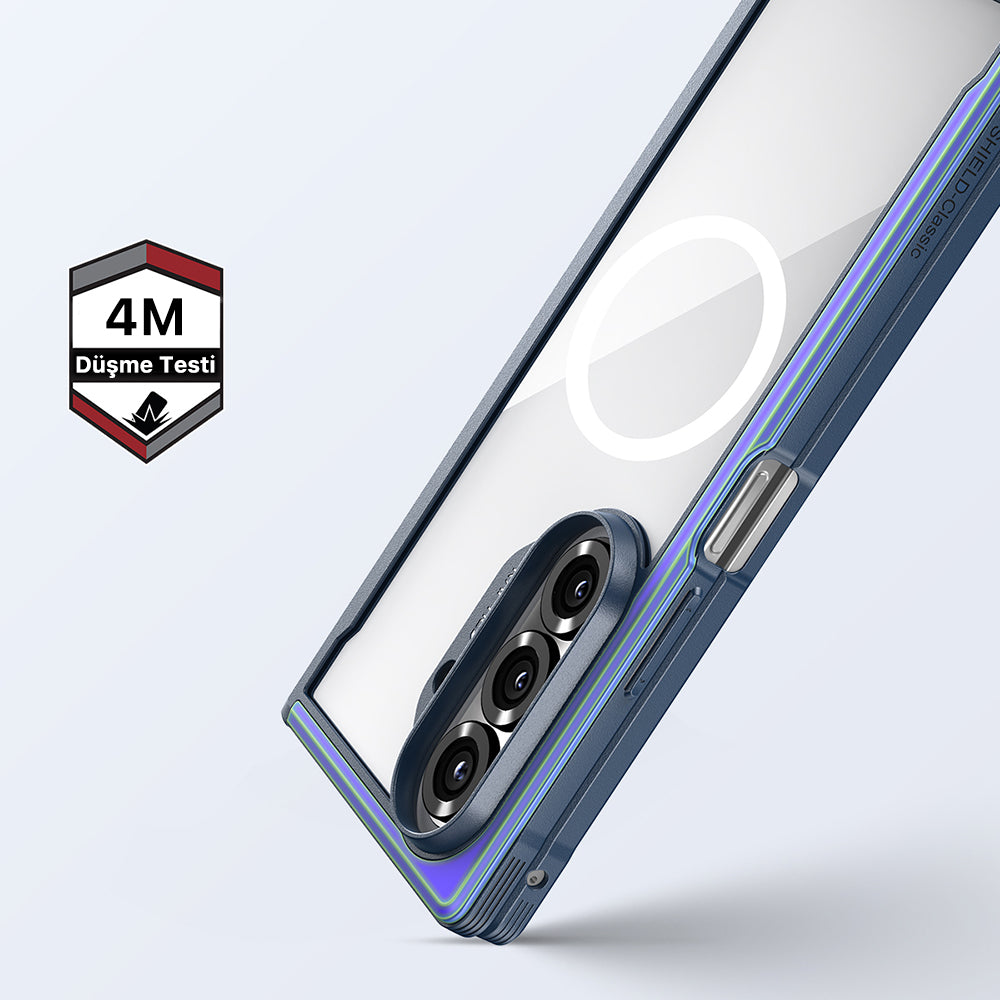Galaxy Z Fold 7 Kılıf M-safe Şarj Özellikli Airbagli Raptic Shield Serisi Şeffaf Arka Yüzey Kapak Mavi