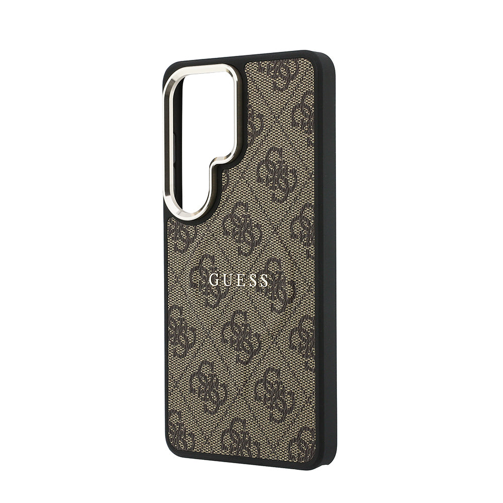 Galaxy S26 Ultra Kılıf Guess Orjinal Lisanslı M-safe Şarj Özellikli Metal Kamera Çerçeveli PU Deri 4G Desenli Yazı Logolu Kapak Kahverengi