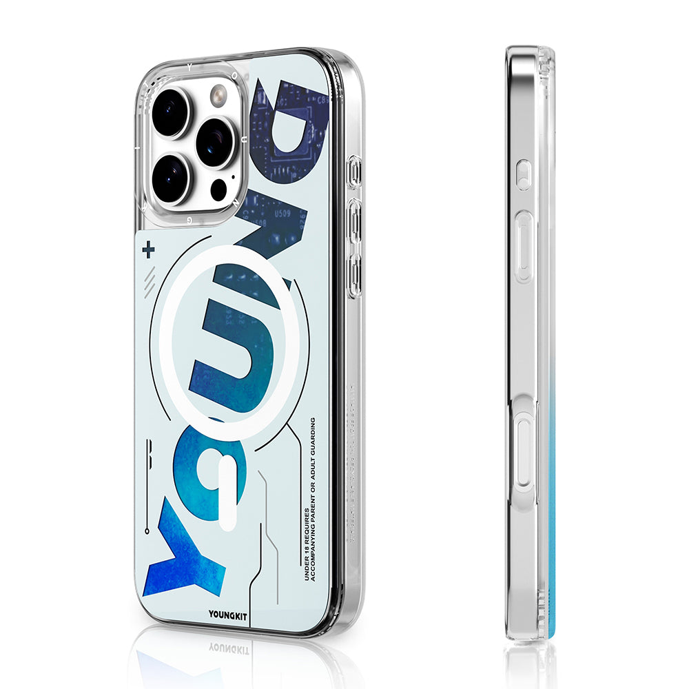 YOUNGKİT iPhone 16 Pro Max Magsafe Şarj Özellikli Airbagli Çift Katmanlı Future Streamer Serisi Mavi Kılıf