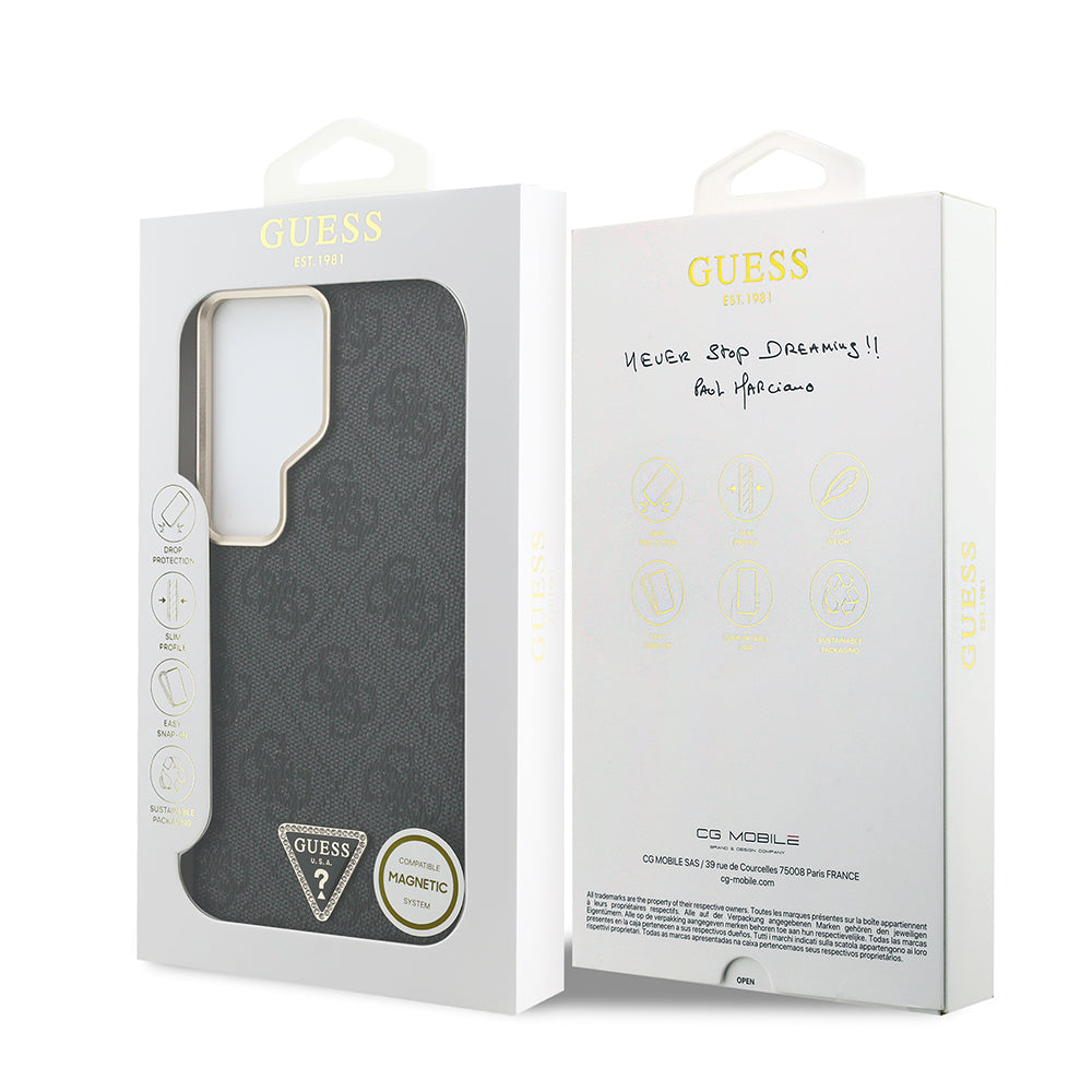 Galaxy S26 Ultra Kılıf Guess Orjinal Lisanslı M-safe Şarj Özellikli Gold Metal Kamera Çerçeveli Taşlı Üçgen Logo 4G Desenli Kapak Siyah