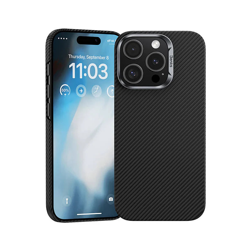 Apple iPhone 16 Pro Max Kılıf Benks M-safe Şarj Özellikli Metal Kamera Çerçeveli Magnetik ArmorAir 600D Kevlar Fiber Kapak Siyah