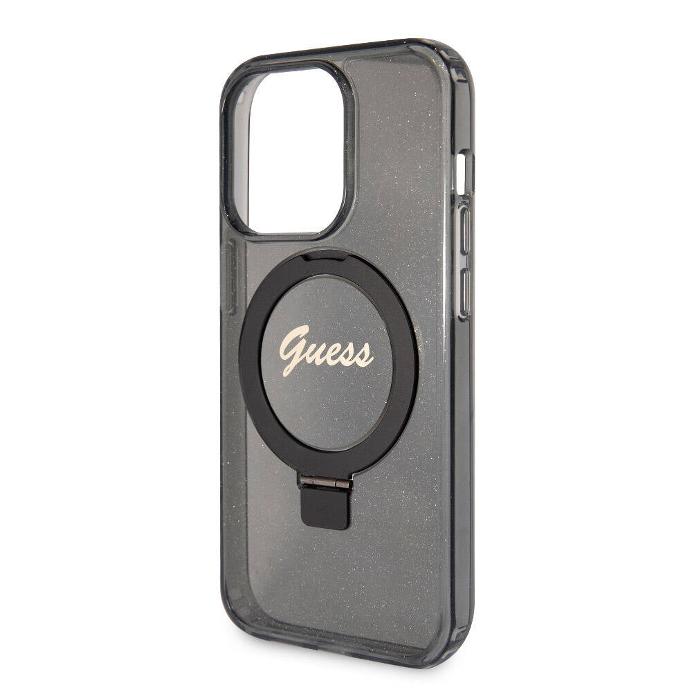 Guess Orjinal Lisanslı Magsafe Şarj Özellikli Simli Arka Yüzey Ring Standlı Siyah Kapak - enzaksesuar