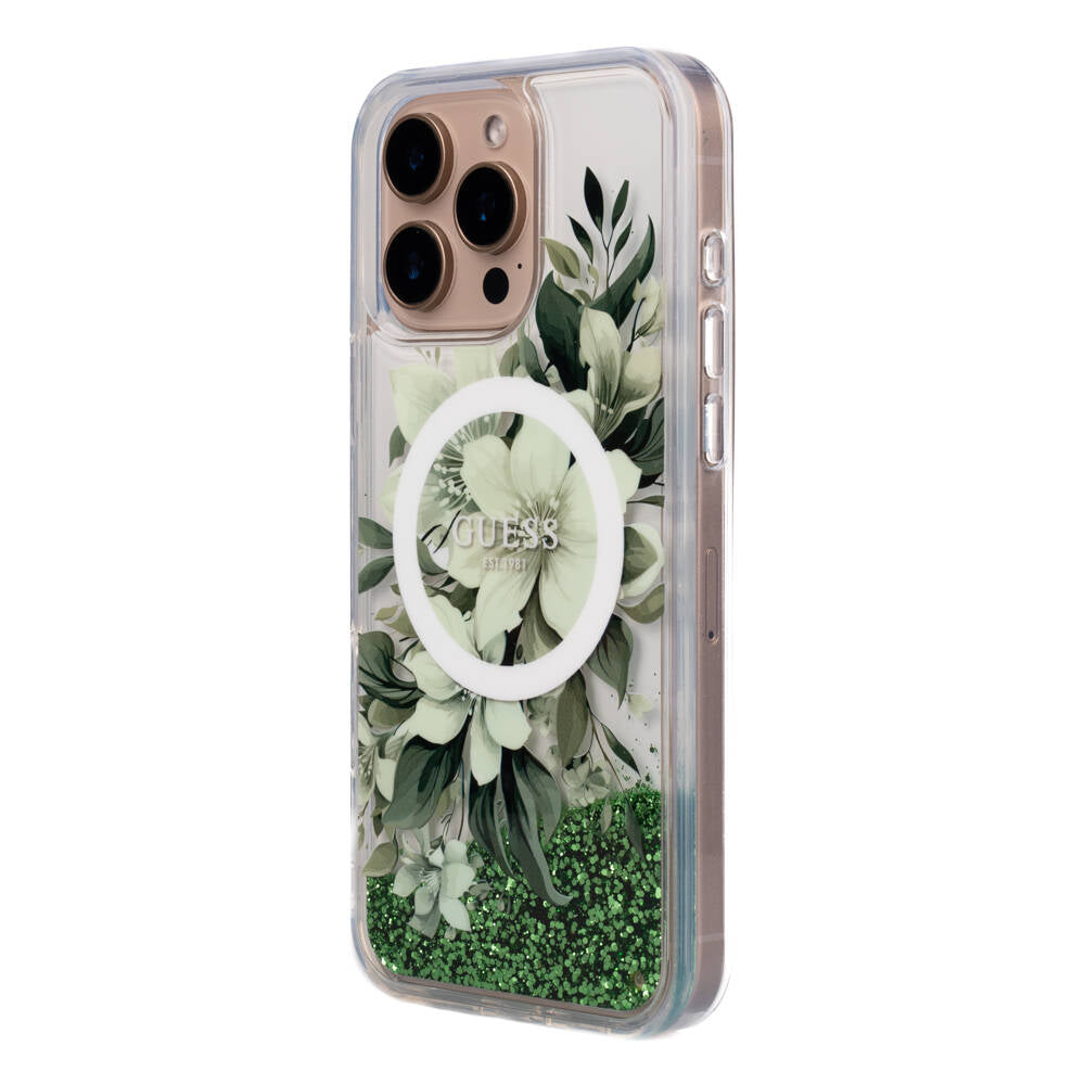 GUESS iPhone 16 Pro Orjinal Lisanslı Magsafe Şarj Özellikli Sıvılı Simli Çiçek Desenli Yeşil Kılıf