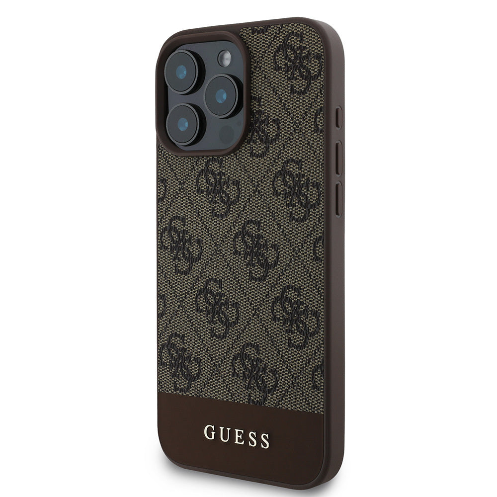 GUESS iPhone 16 Pro Max Orjinal Lisanslı Magsafe Şarj Özellikli PU Deri Şerit Logo Dizaynlı Kahverengi Kılıf