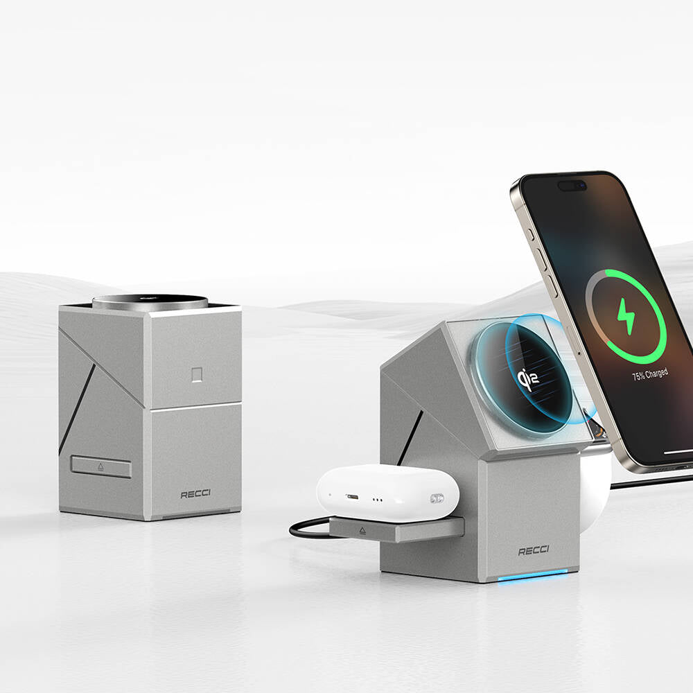RECCİ Geometry Serisi Qi2 Şarj Teknolojili Rubik Küp Ambiyans Işıklı Telefon & Akıllı Saat & Kulaklık 15W 3in1 Kablosuz Şarj Standı