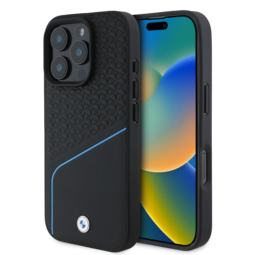 BMW İPhone 16 Pro Orjinal Lisanslı Magsafe Şarj Özellikli Metal Logolu Dokulu ve Çizgili Deri Siyah Kılıf