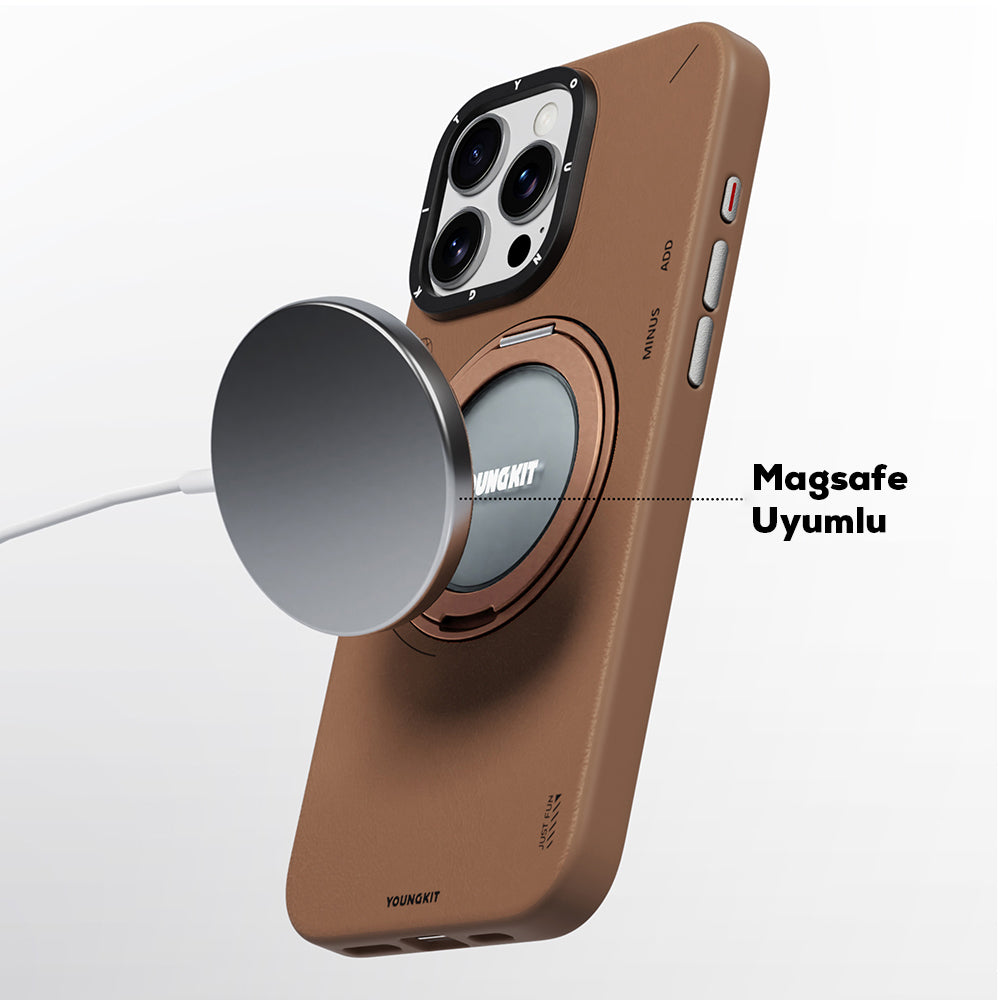 YOUNGKİT iPhone 15 Pro Magsafe Uyumlu 360° Standlı Tech Leather Kahverengi Kılıf