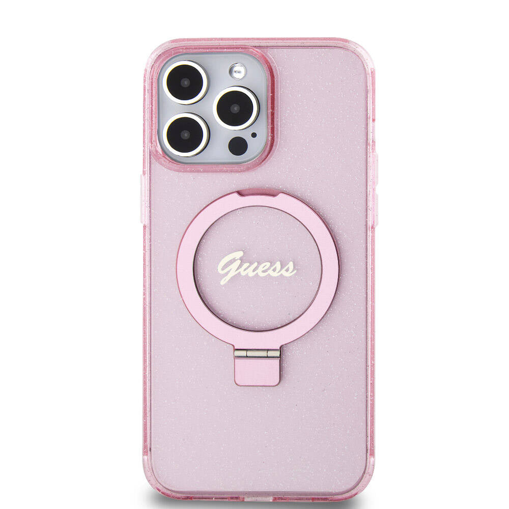 Guess Orjinal Lisanslı Magsafe Şarj Özellikli Simli Arka Yüzey Ring Standlı Pembe Kapak - enzaksesuar