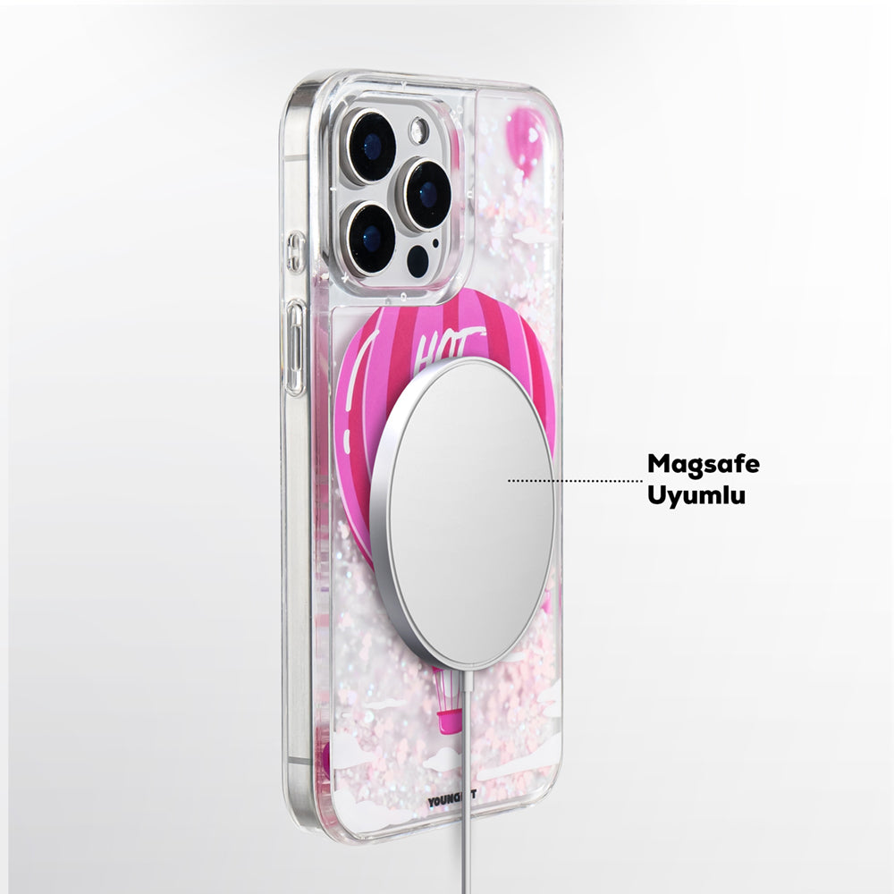 YOUNGKIT iPhone 16 Pro Max Magsafe Şarj Özellikli Parlak Kumlu Sıvılı Pink Dream Quicksand Serisi Pembe Kılıf
