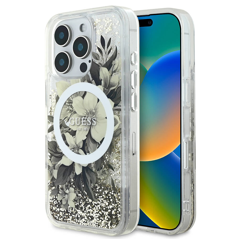 GUESS iPhone 16 Pro Max Orjinal Lisanslı Magsafe Şarj Özellikli Sıvılı Simli Çiçek Desenli Bej Kılıf