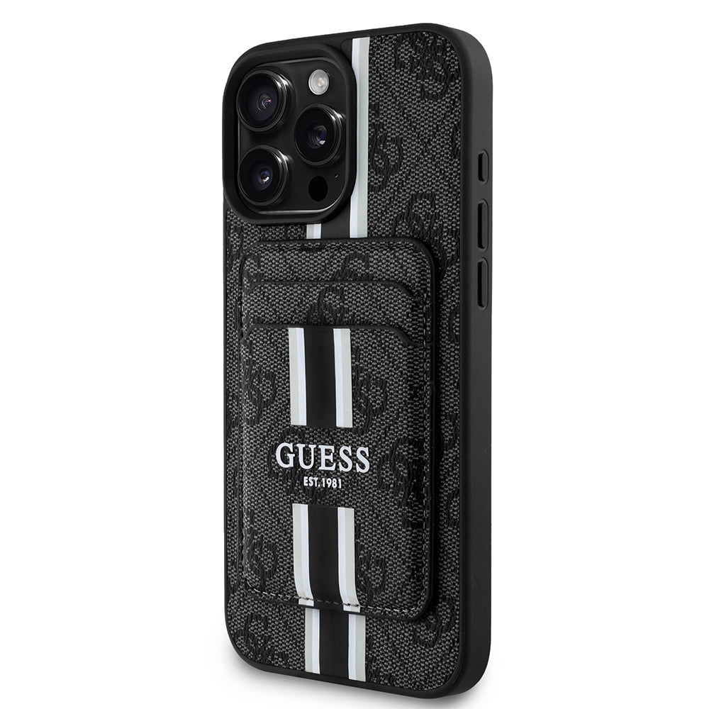 GUESS iPhone 16 Pro Max Orjinal Lisanslı Magsafe Şarj Özellikli 4G Desenli Çizgili Kartlıklı Siyah Kılıf