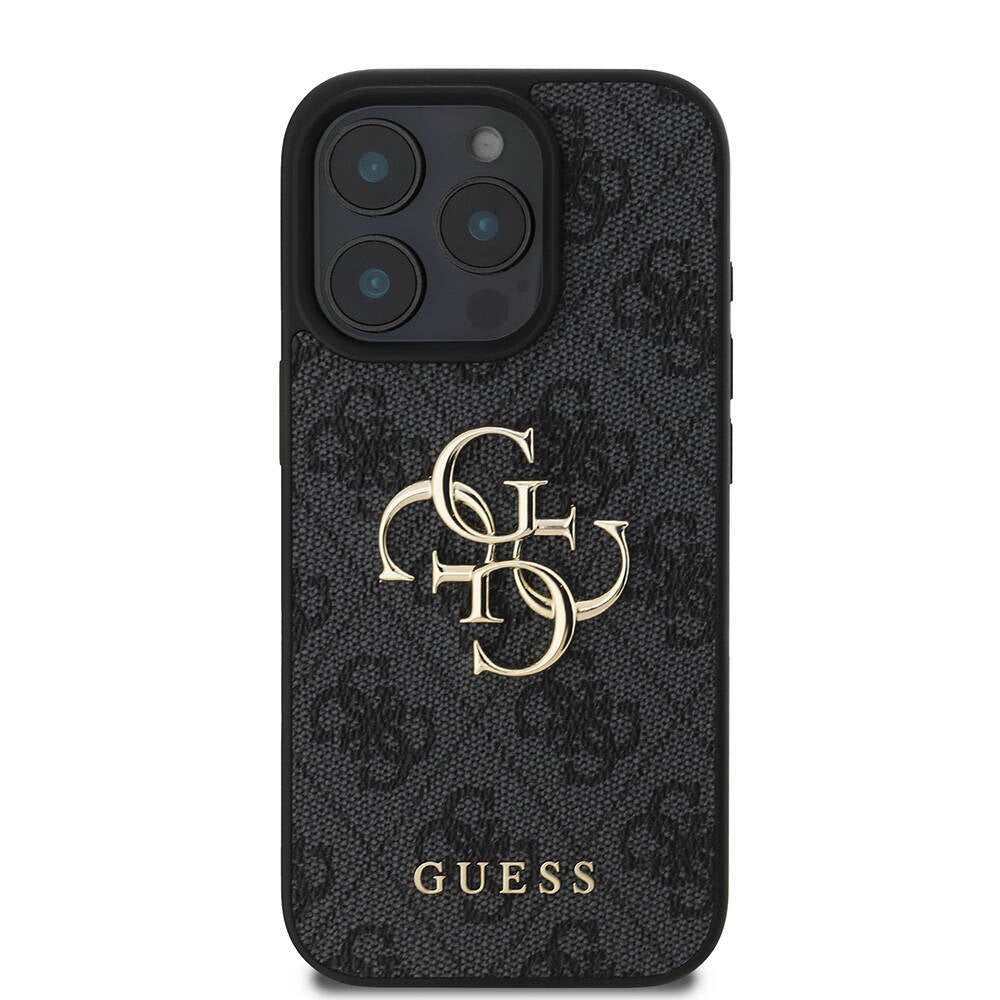 GUESS Orjinal Lisanslı iPhone 16 Pro Max PU Deri 4G Desenli Metal Büyük 4G ve Yazı Logolu Siyah Kılıf
