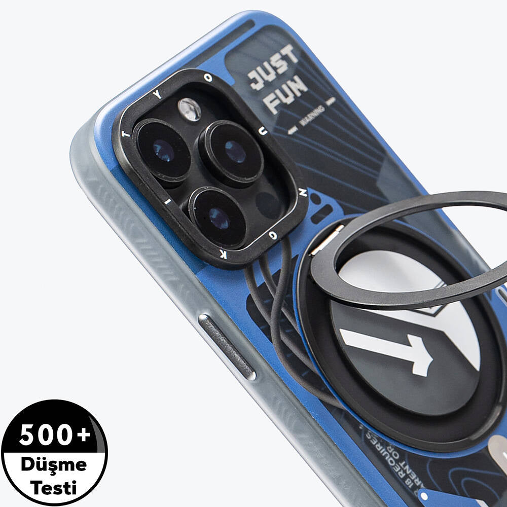 YOUNGKIT iPhone 15 Pro Magsafe Şarj Özellikli 360° Standlı Starship Serisi Mavi Kılıf