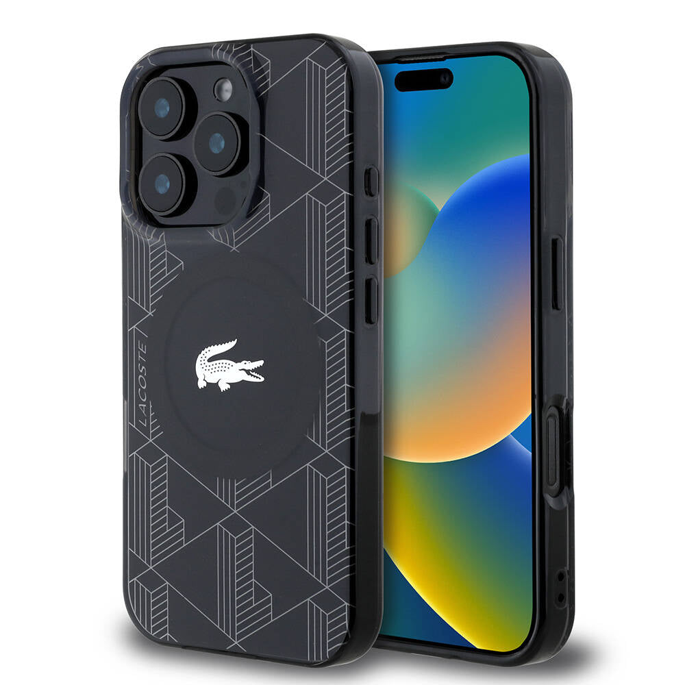 LACOSTE iPhone 16 Pro Orjinal Lisanslı Magsafe Şarj Özellikli IML Baskılı Gümüş Timsah Logolu Monogram Siyah Kılıf