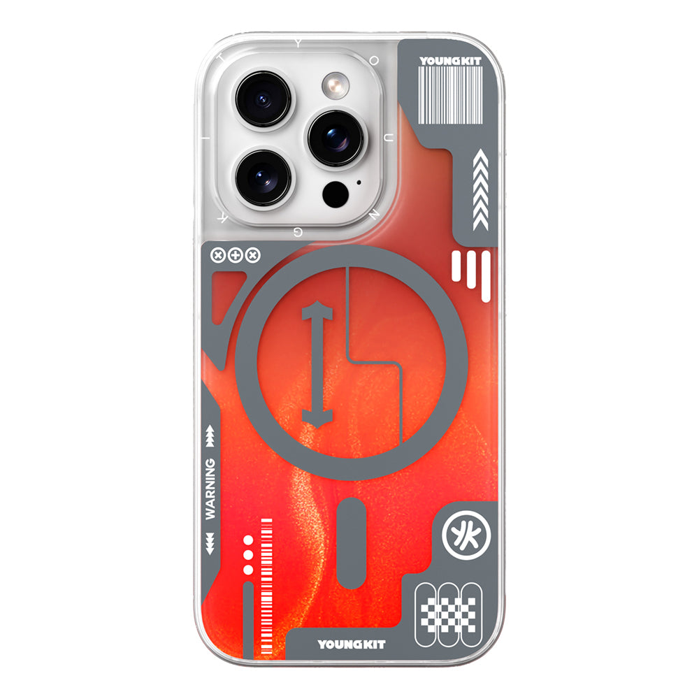 YOUNGKİT iPhone 16 Pro Max Magsafe Şarj Özellikli Parlak Kumlu Sıvılı Tasarımlı Galaxy Fantasy Serisi Turuncu Kılıf