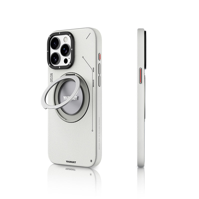 YOUNGKİT iPhone 15 Pro Magsafe Uyumlu 360° Standlı Tech Leather Gri Kılıf