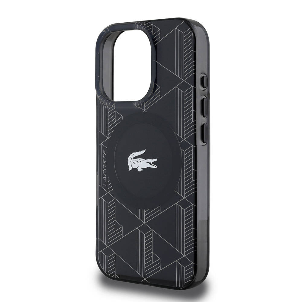 LACOSTE iPhone 16 Pro Orjinal Lisanslı Magsafe Şarj Özellikli IML Baskılı Gümüş Timsah Logolu Monogram Siyah Kılıf