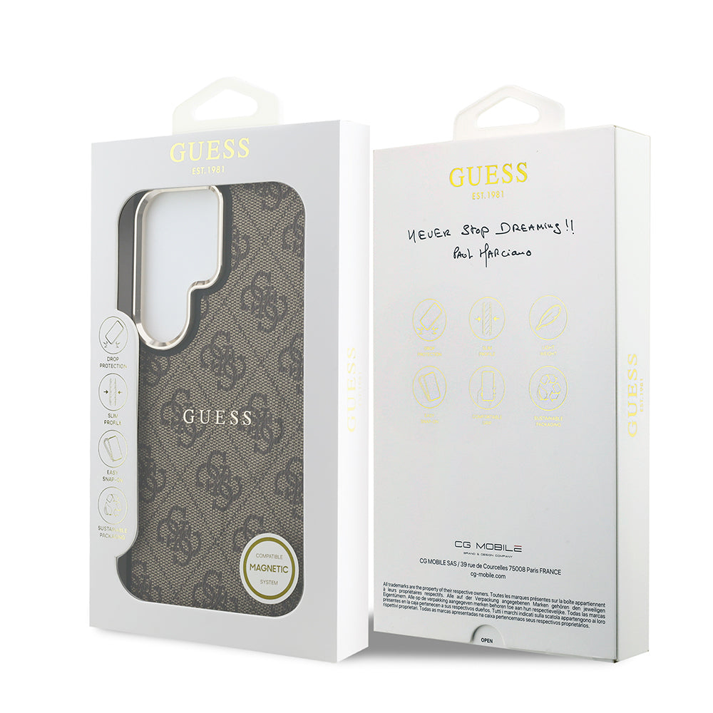 Galaxy S26 Ultra Kılıf Guess Orjinal Lisanslı M-safe Şarj Özellikli Metal Kamera Çerçeveli PU Deri 4G Desenli Yazı Logolu Kapak Kahverengi