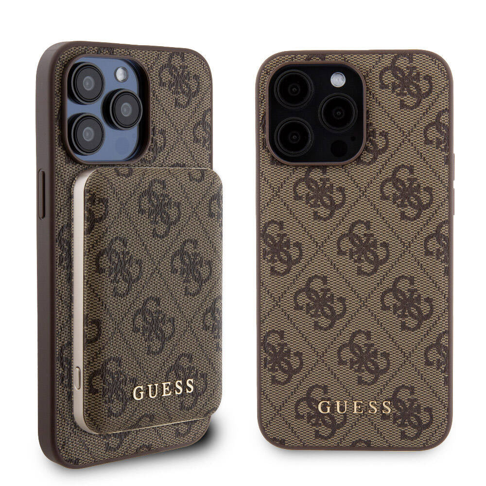 Guess Orjinal Lisanslı Magsafe Şarj Özellikli Yazı Logolu 4G Desenli Kahverengi Kapak +  Kahverengi Powerbank 5000mAh 2in1 Set - enzaksesuar
