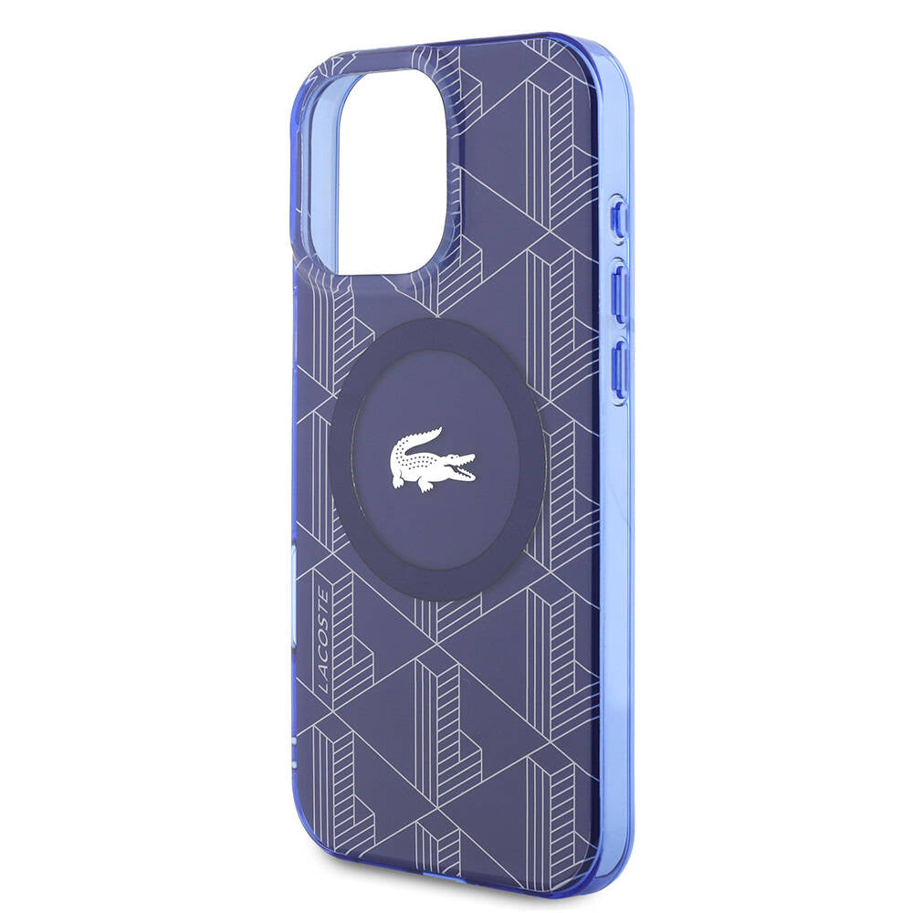 LACOSTE iPhone 16 Pro Orjinal Lisanslı Magsafe Şarj Özellikli IML Baskılı Gümüş Timsah Logolu Monogram Lacivert Kılıf