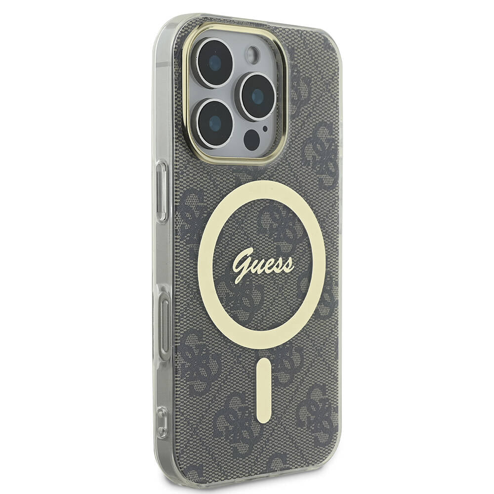 GUESS Orjinal Lisanslı iPhone 16 Pro Orjinal Lisanslı Magsafe Şarj Özellikli Yazı Logolu 4G Desenli Kahverengi Kılıf