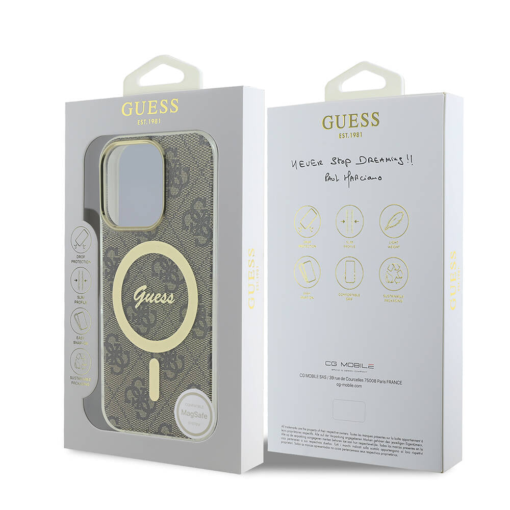 GUESS Orjinal Lisanslı iPhone 16 Pro Orjinal Lisanslı Magsafe Şarj Özellikli Yazı Logolu 4G Desenli Kahverengi Kılıf