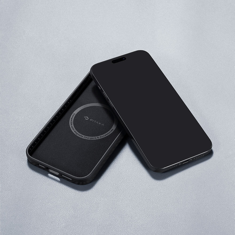 PİTAKA Magsafe Şarj Özellikli İPhone 15 Pro Max 1500D Aramid Fiber Military-Grade Classic Serisi Black-Grey Twill Siyah Kılıf