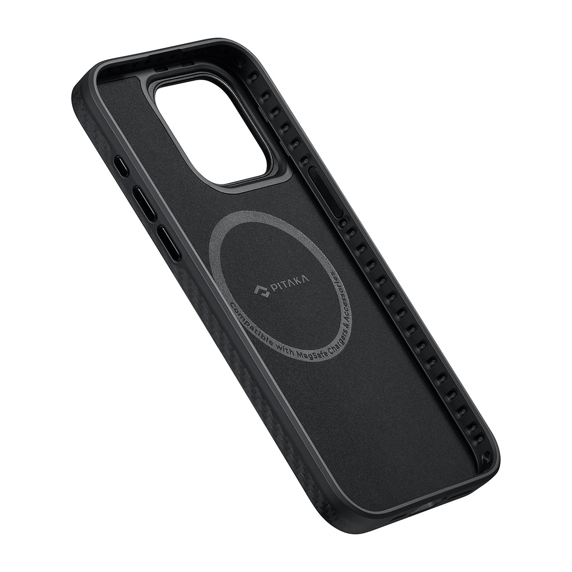PİTAKA Magsafe Şarj Özellikli İPhone 15 Pro Max 1500D Aramid Fiber Military-Grade Classic Serisi Black-Grey Twill Siyah Kılıf