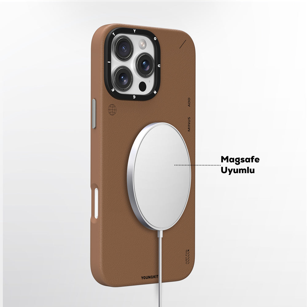YOUNGKIT iPhone 16 Pro Max Magsafe Şarj Özellikli Basit Mat Deri Desenli Tech Fashion Serisi Kahverengi Kılıf