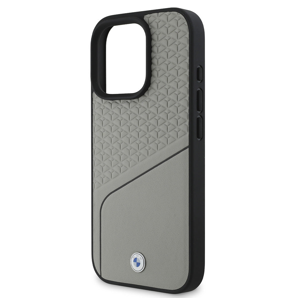 BMW İPhone 16 Pro Orjinal Lisanslı Magsafe Şarj Özellikli Metal Logolu Dokulu ve Çizgili Deri Gri Kılıf