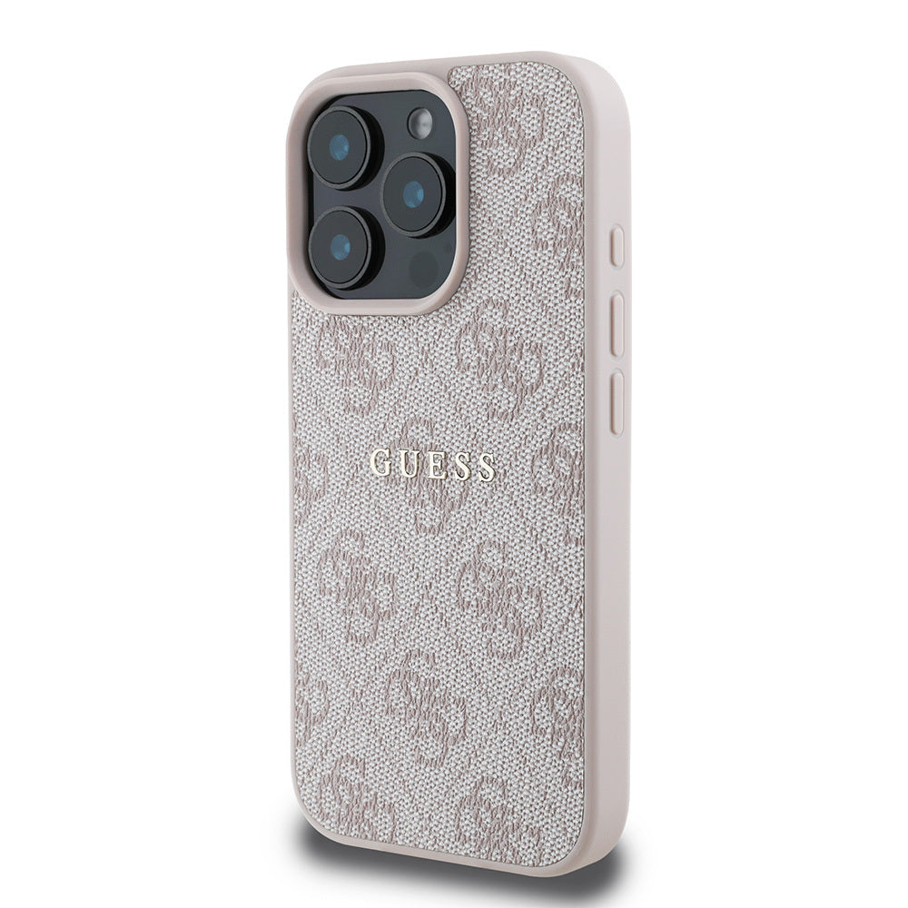 GUESS iPhone 16 Pro Orjinal Lisanslı Magsafe Şarj Özellikli 4G Desenli Yazı Logolu Pembe Kılıf