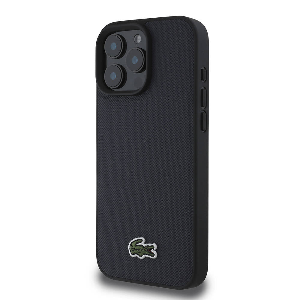 LACOSTE iPhone 16 Pro Max Orjinal Lisanslı PU Pike Desenli Arka Yüzey İkonik Timsah Dokuma Logolu Lacivert Kılıf
