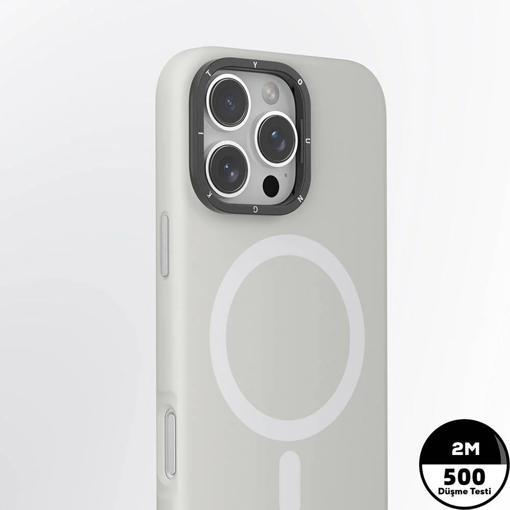 YOUNGKIT iPhone 15 Pro Max Magsafe Şarj Özellikli Kamera Standlı Silikon Bitty Cream Gri Kılıf