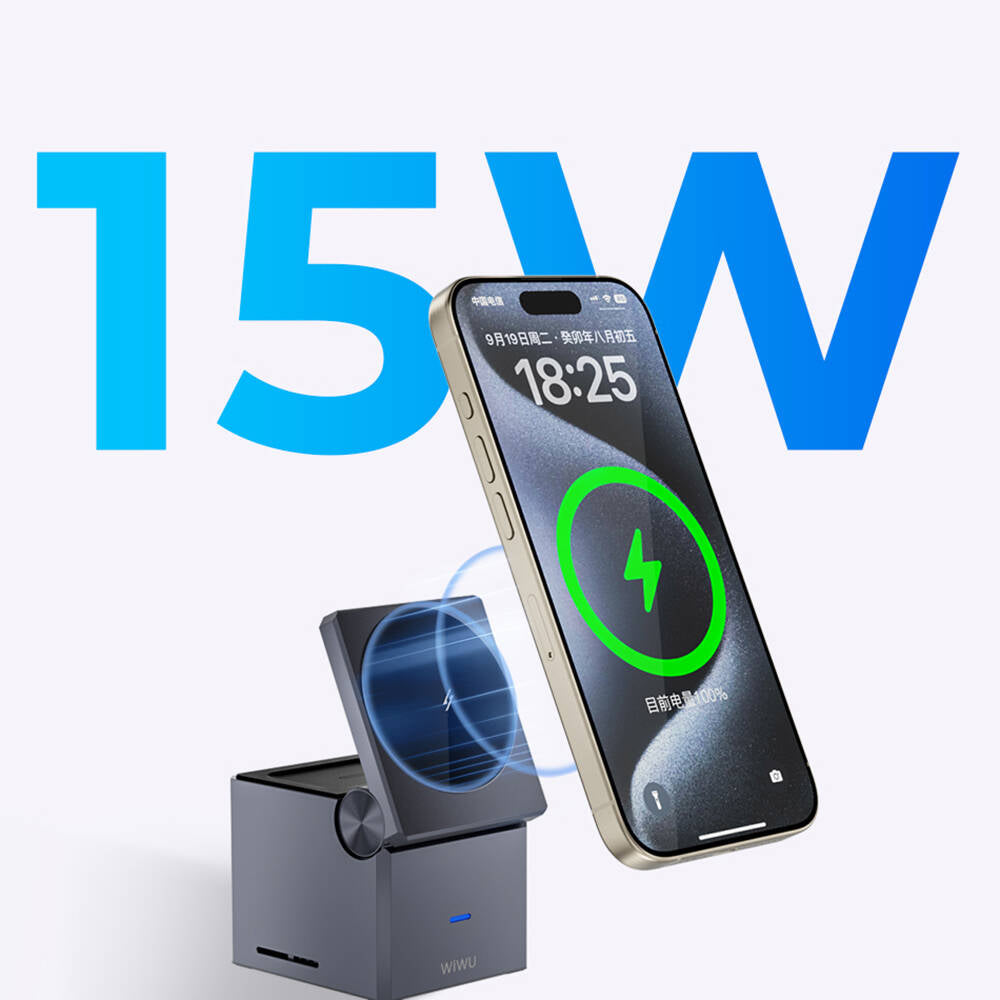 WİWU Wi-W030 Small Square Küp Tasarımlı Telefon & Akıllı Saat & Kulaklık İçin 15W 3in1 Kablosuz Şarj Standı
