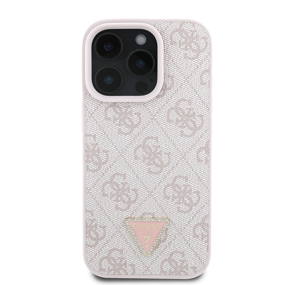 GUESS iPhone 16 Pro Max Orjinal Lisanslı Magsafe Şarj Özellikli PU Deri 4G Desenli Taşlı Üçgen Logolu Pembe Kılıf