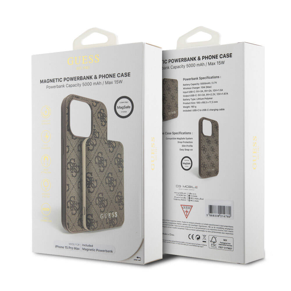 Guess Orjinal Lisanslı Magsafe Şarj Özellikli Yazı Logolu 4G Desenli Kahverengi Kapak +  Kahverengi Powerbank 5000mAh 2in1 Set - enzaksesuar