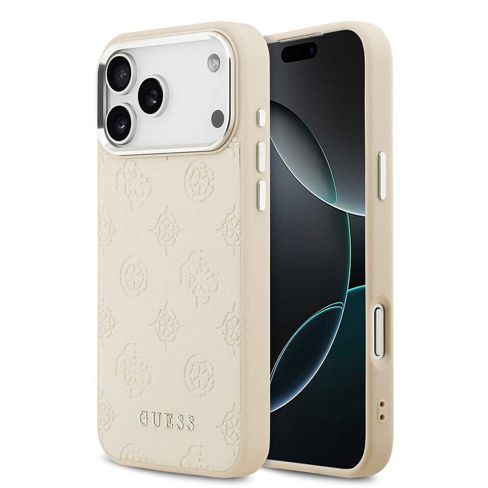 Apple iPhone 17 Pro Max Kılıf Guess Orjinal Lisanslı M-safe Şarj Özellikli Sıcak Baskılı Klasik Yazı Logolu PU Deri Peony Kapak Bej