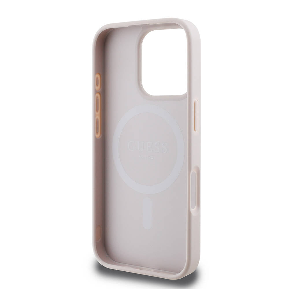 GUESS iPhone 16 Pro Orjinal Lisanslı Magsafe Şarj Özellikli PU Deri Şerit Logo Dizaynlı Pembe Kılıf