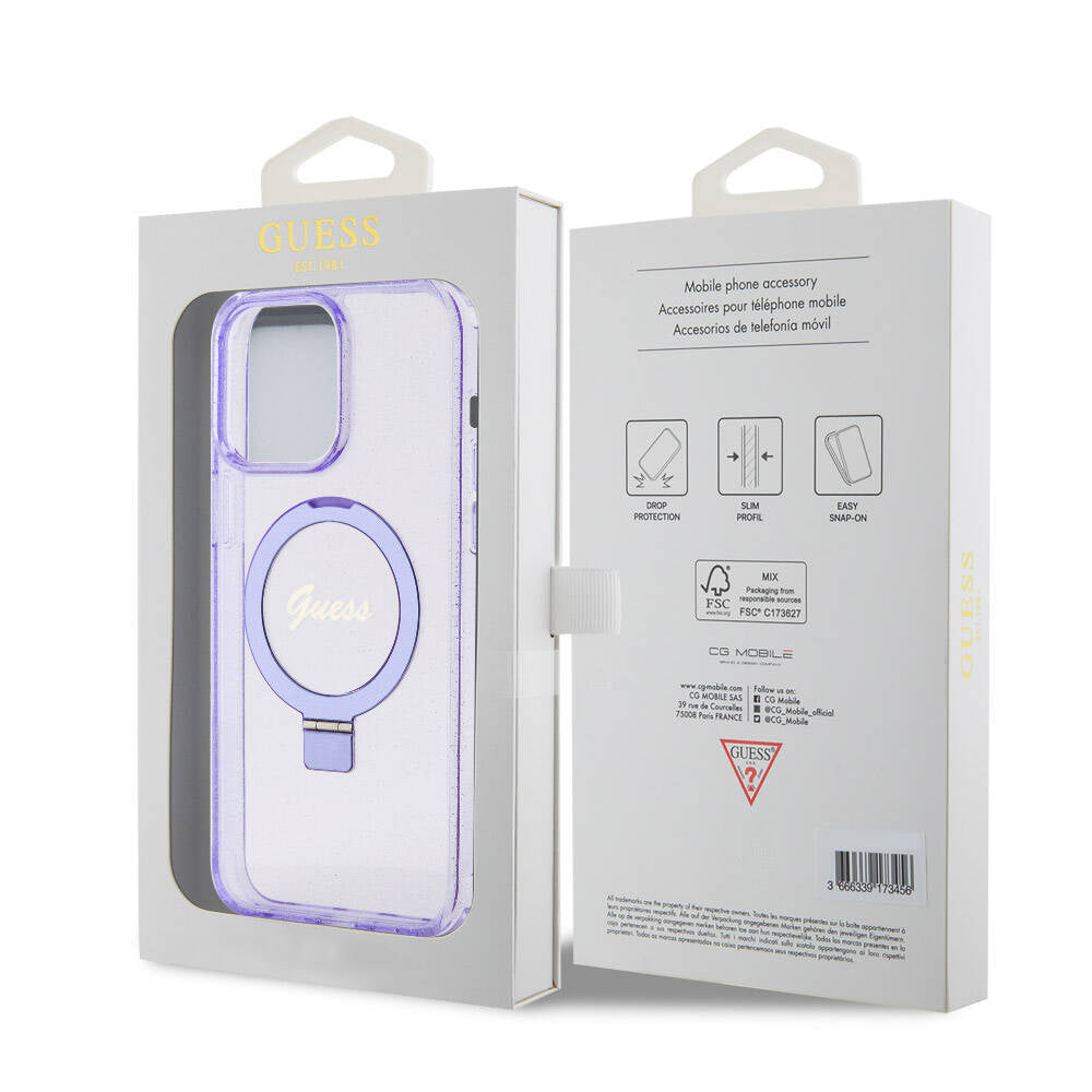 Guess Orjinal Lisanslı Magsafe Şarj Özellikli Simli Arka Yüzey Ring Standlı Mor Kapak - enzaksesuar